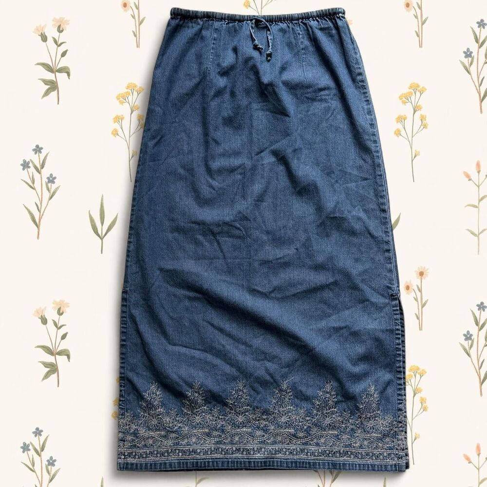 Vintage Indie Cottagecore Embroidered Denim Maxi Skirt 100% Cotton Eddie Bauer S